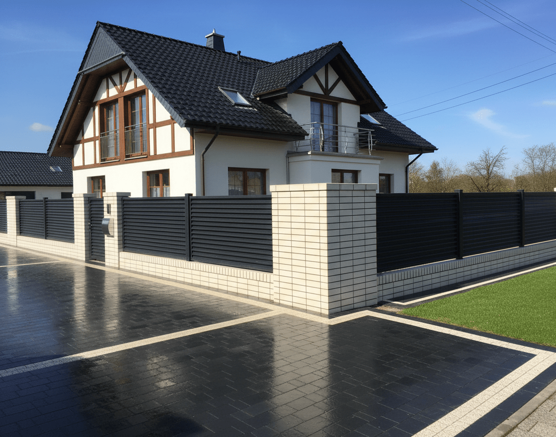 Modernes Aluminiumzaun mit Steinmauer vor Haus
