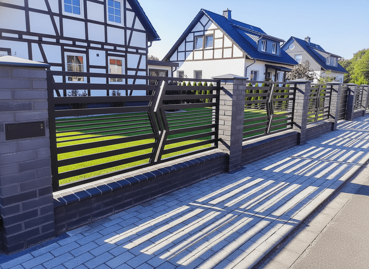 Modernes Metallzaun-System mit Anthrazitziegeln
