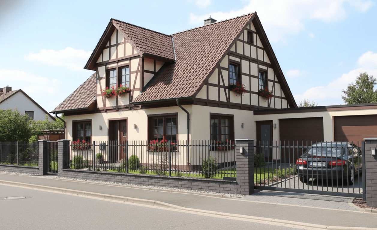 Modernes Metallzaun vor Fachwerkhaus mit Garage