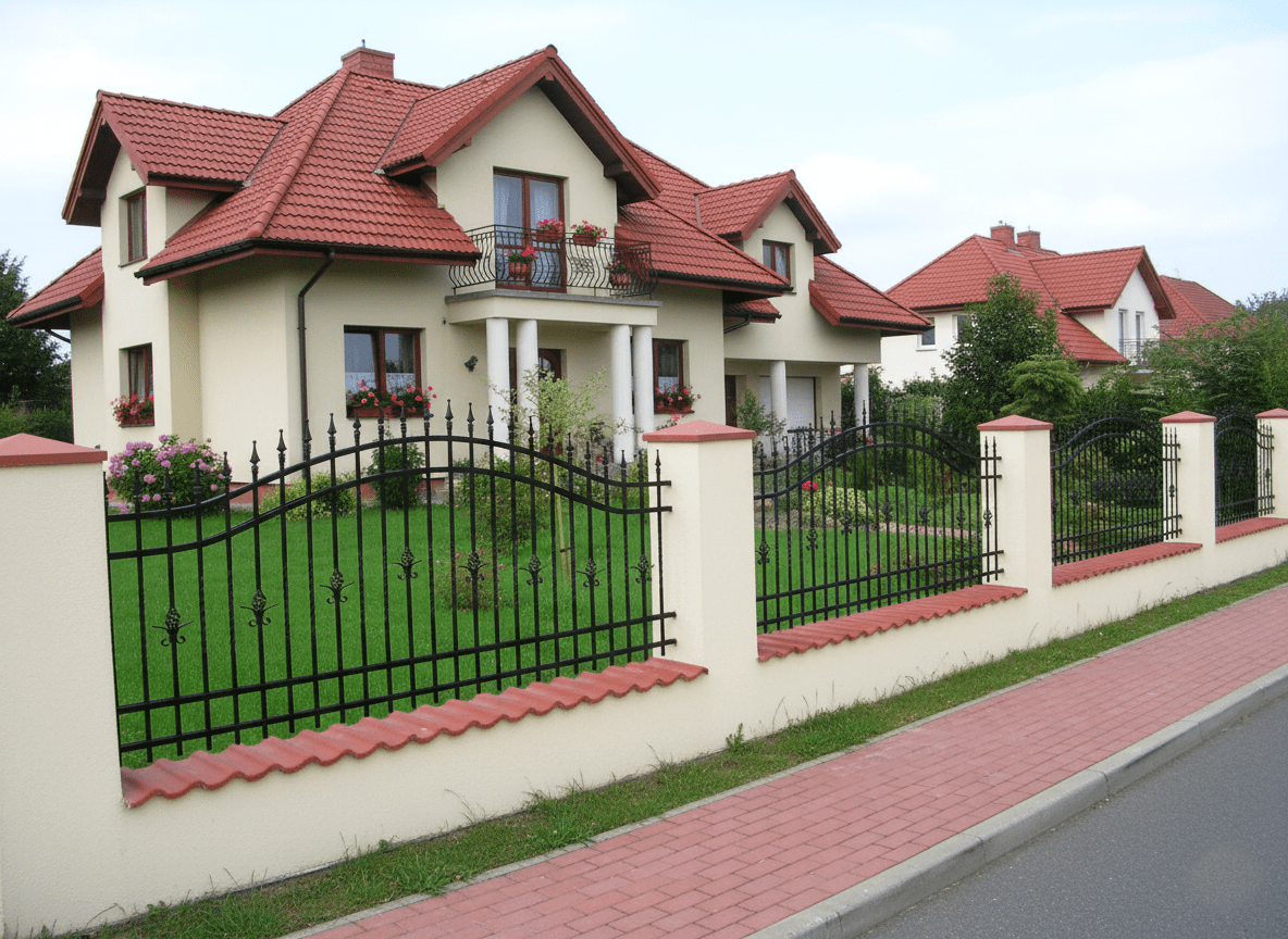 Modernes schmiedeisernes Zaunsystem vor Stadtvilla