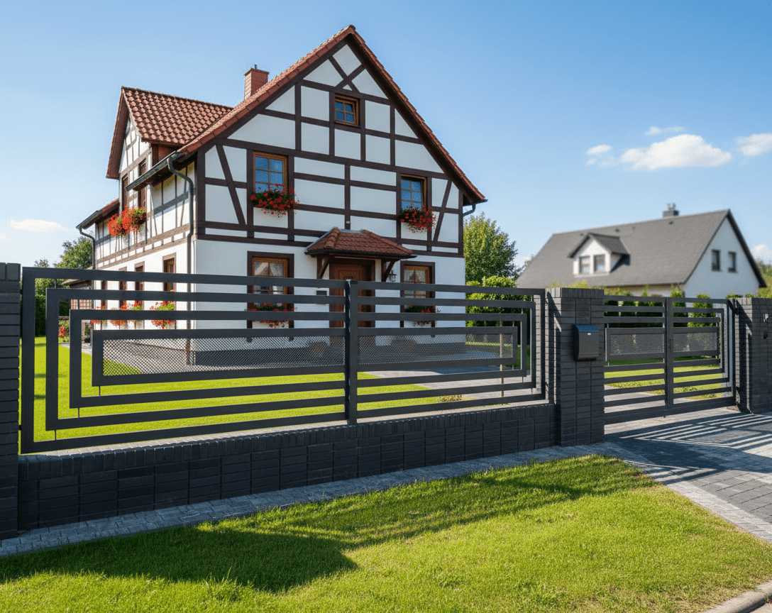 Modernes Stahlzaun Design vor Fachwerkhaus