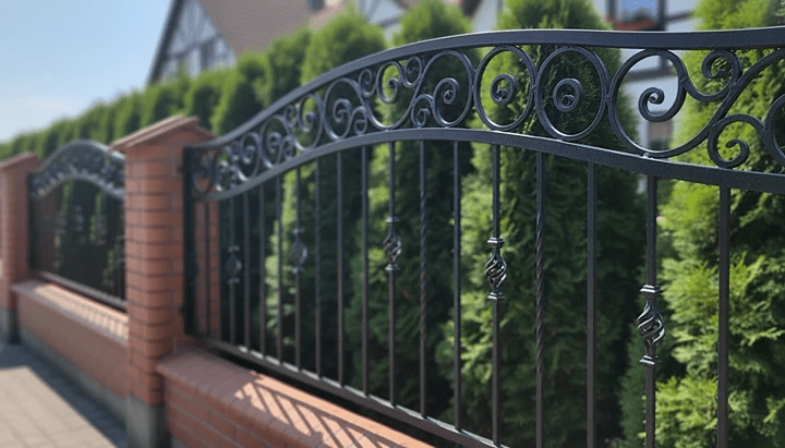 Nahaufnahme geschmiedeter Eisenzaun mit Ornamenten und Tujahecke