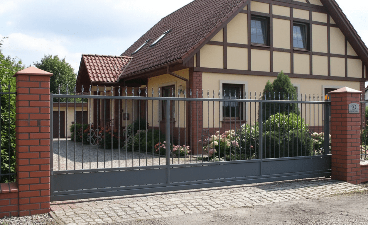 Schiebetor aus Stahl vor Fachwerkhaus