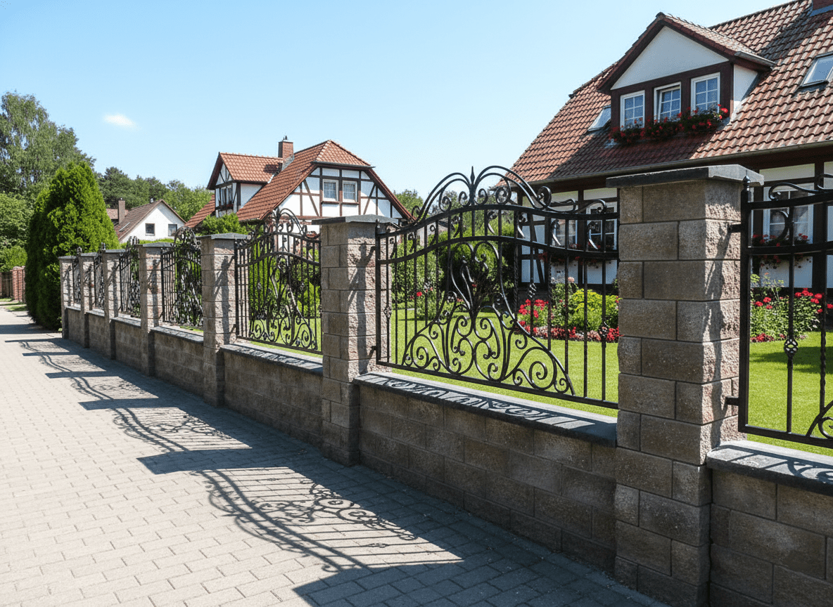 Schmiedeeiserner Zaun mit Betonpfeilern