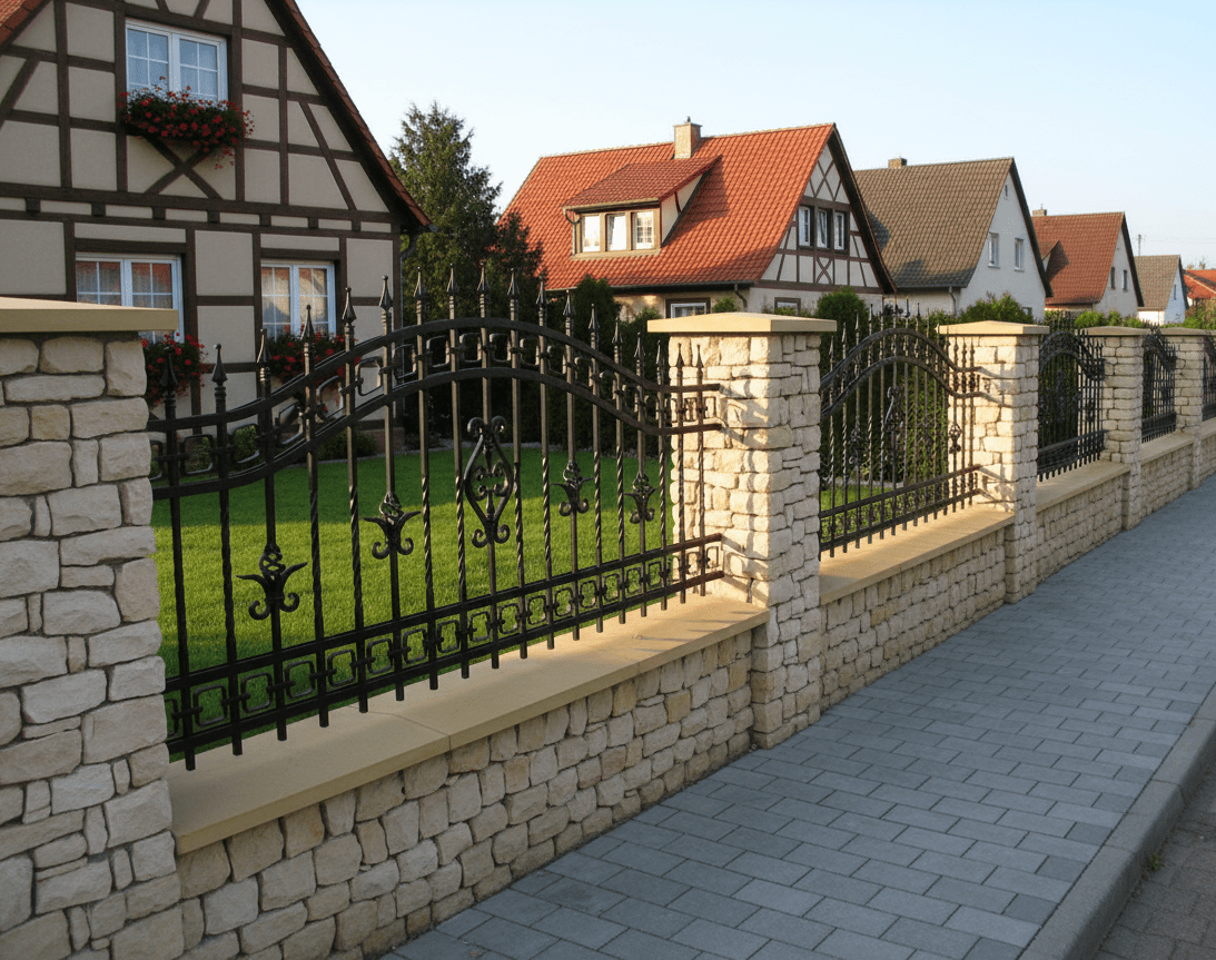 Schmiedeeiserner Zaun mit Natursteinmauer