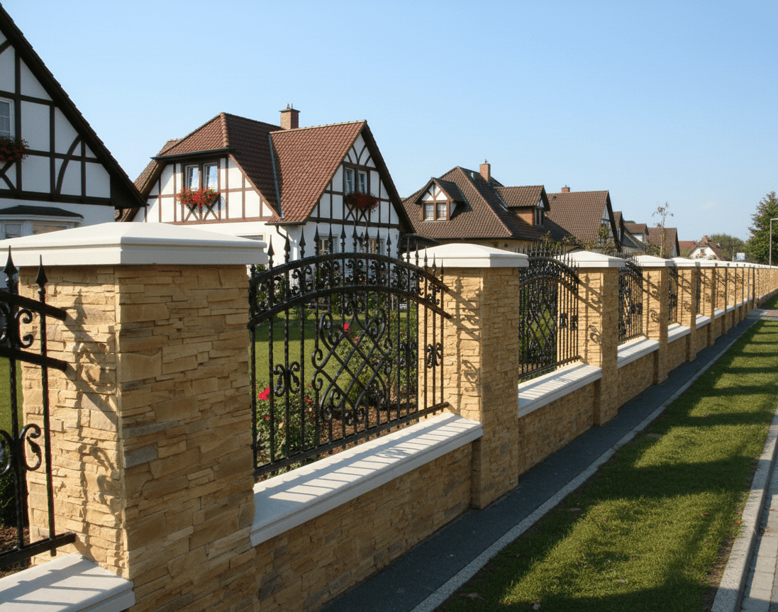 Schmiedeeiserner Zaun mit Sandsteinmauer