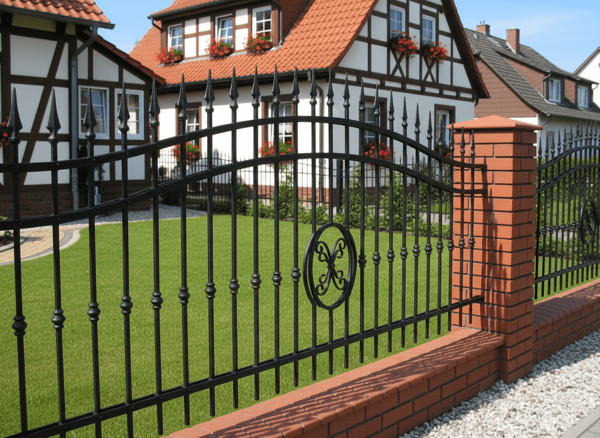 Schwarzer Metallzaun mit Ornament und roten Ziegelpfeilern