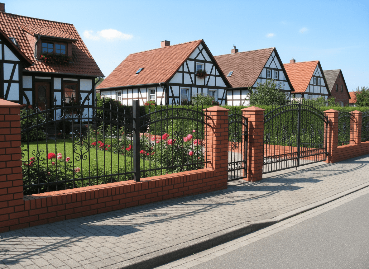 Schwarzer Metallzaun mit roten Ziegelpfeilern