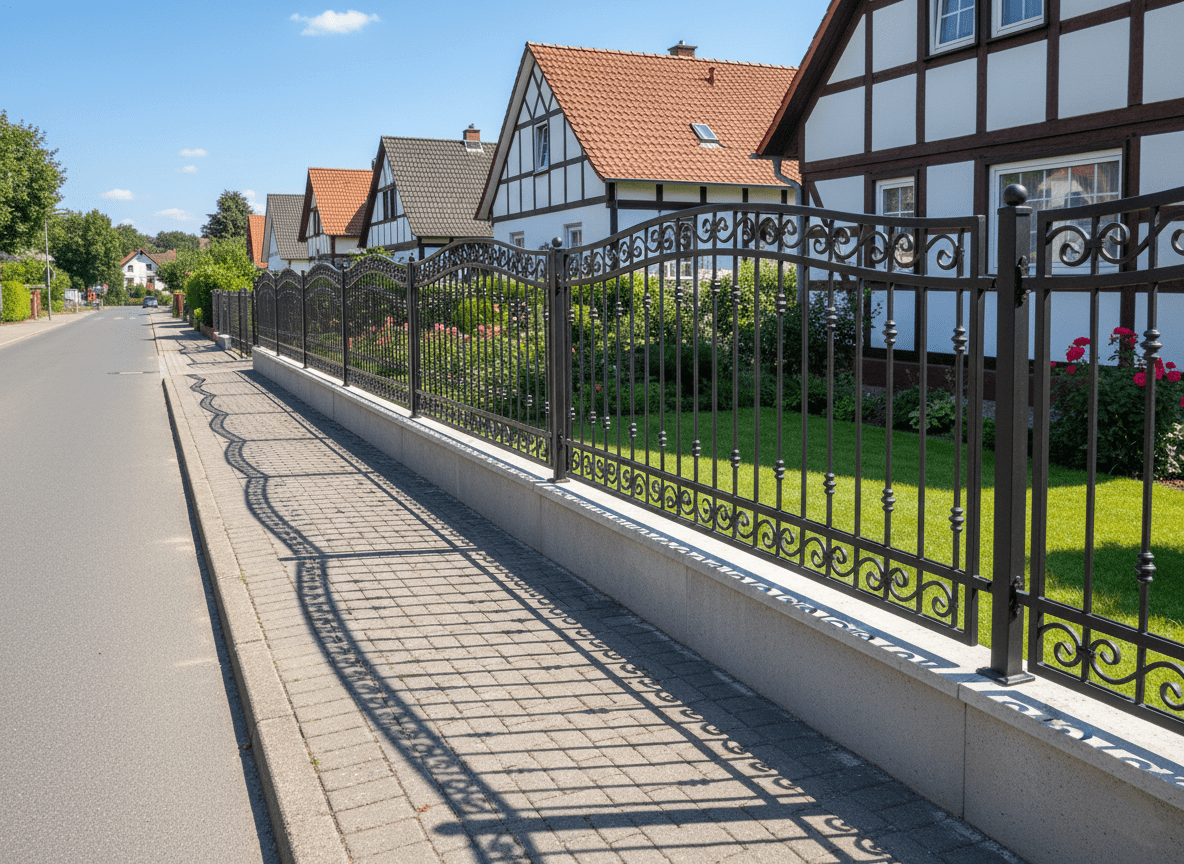 Schwarzer schmiedeeiserner Zaun mit Betonmauer