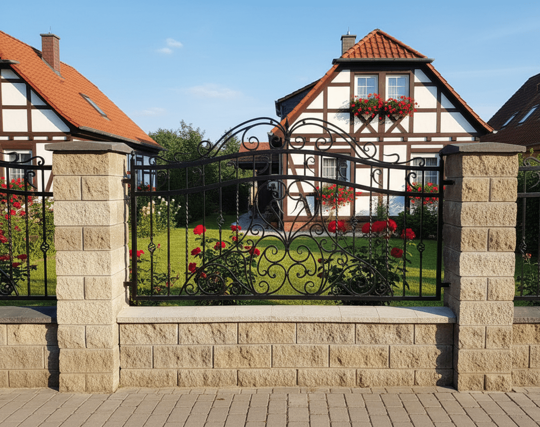Verzierter schmiedeeiserner Zaun mit Sandsteinpfeilern