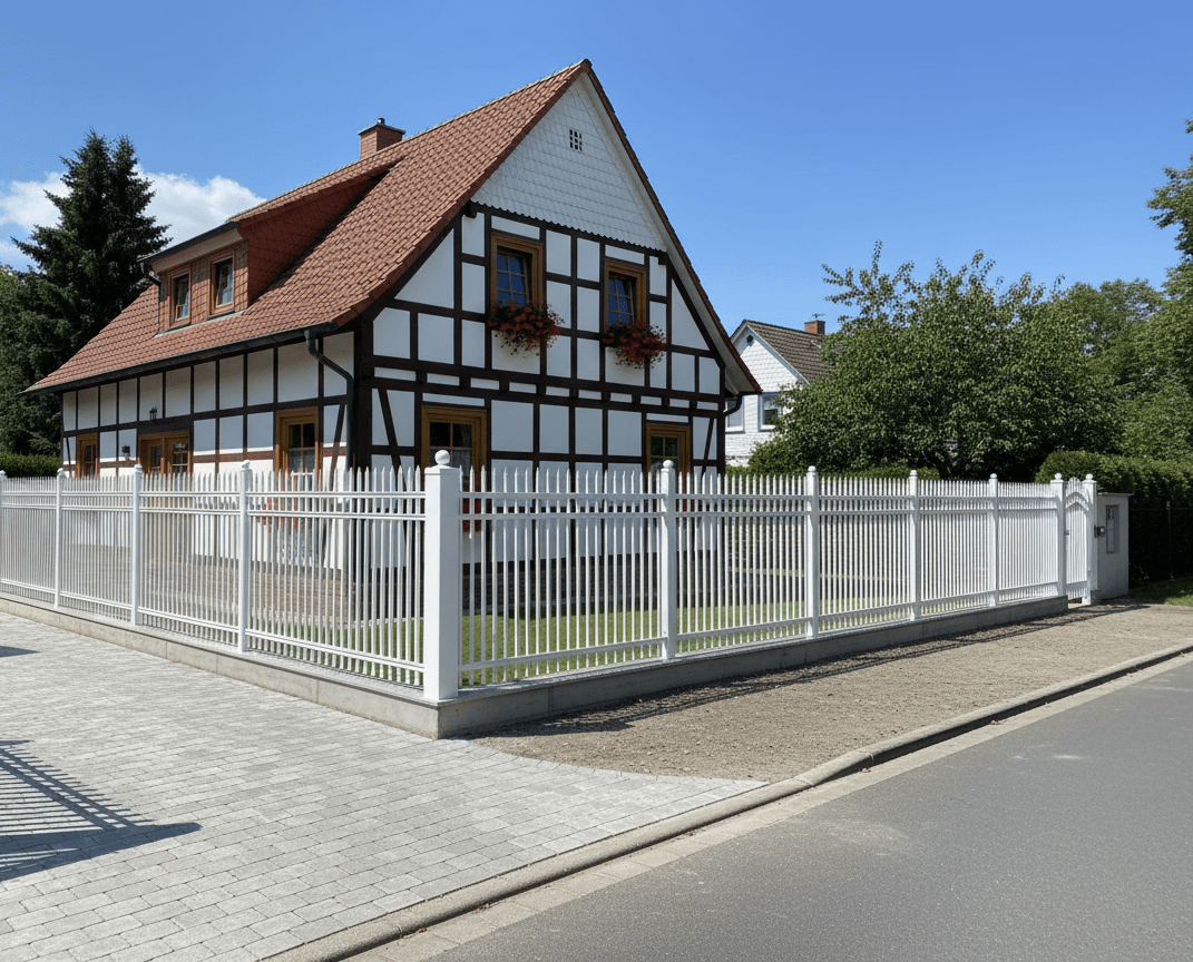 Weißer Metallzaun vor Fachwerkhaus