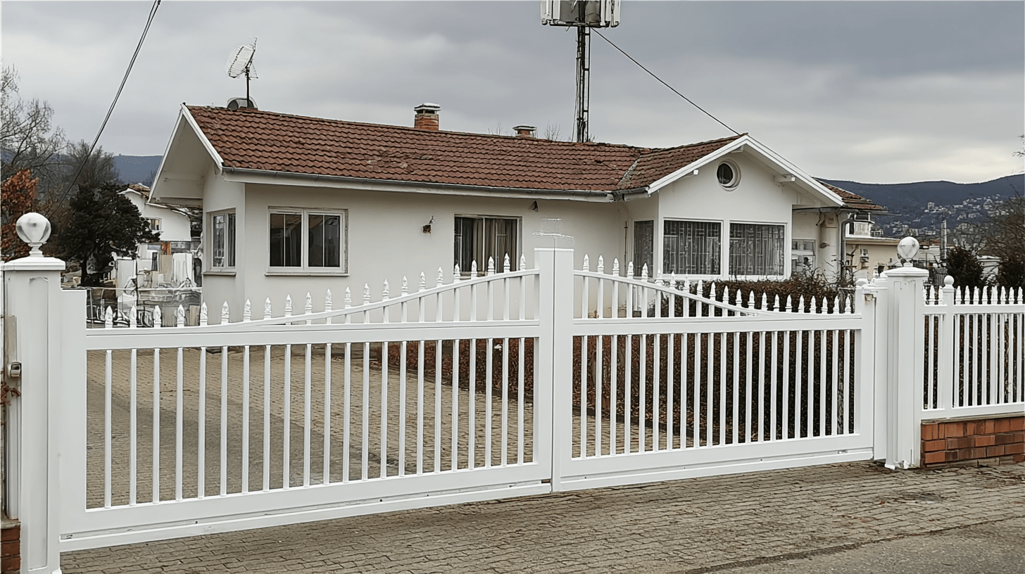 Weißes zweiflügeliges Einfahrtstor mit senkrechten Stäben und dekorativen Spitzen vor Einfamilienhaus mit Bergkulisse