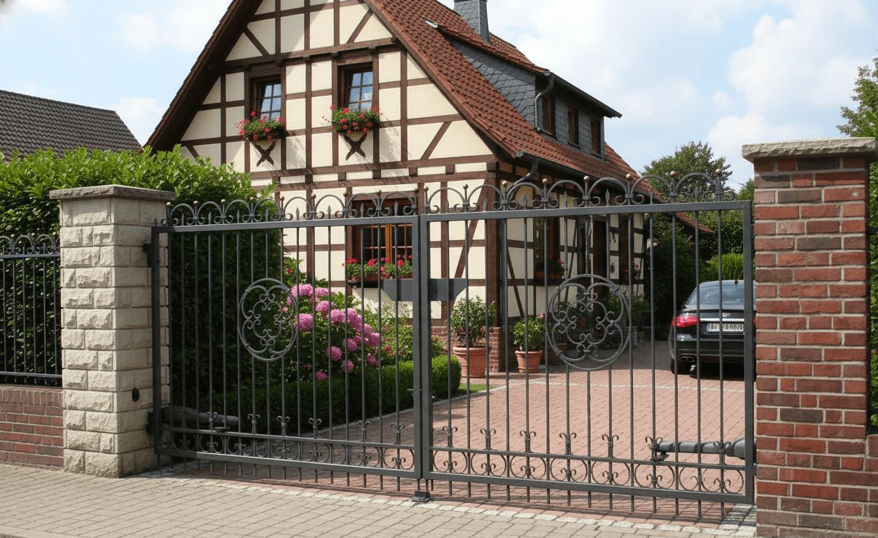 Zweiflügeliges Metalltor vor Fachwerkhaus
